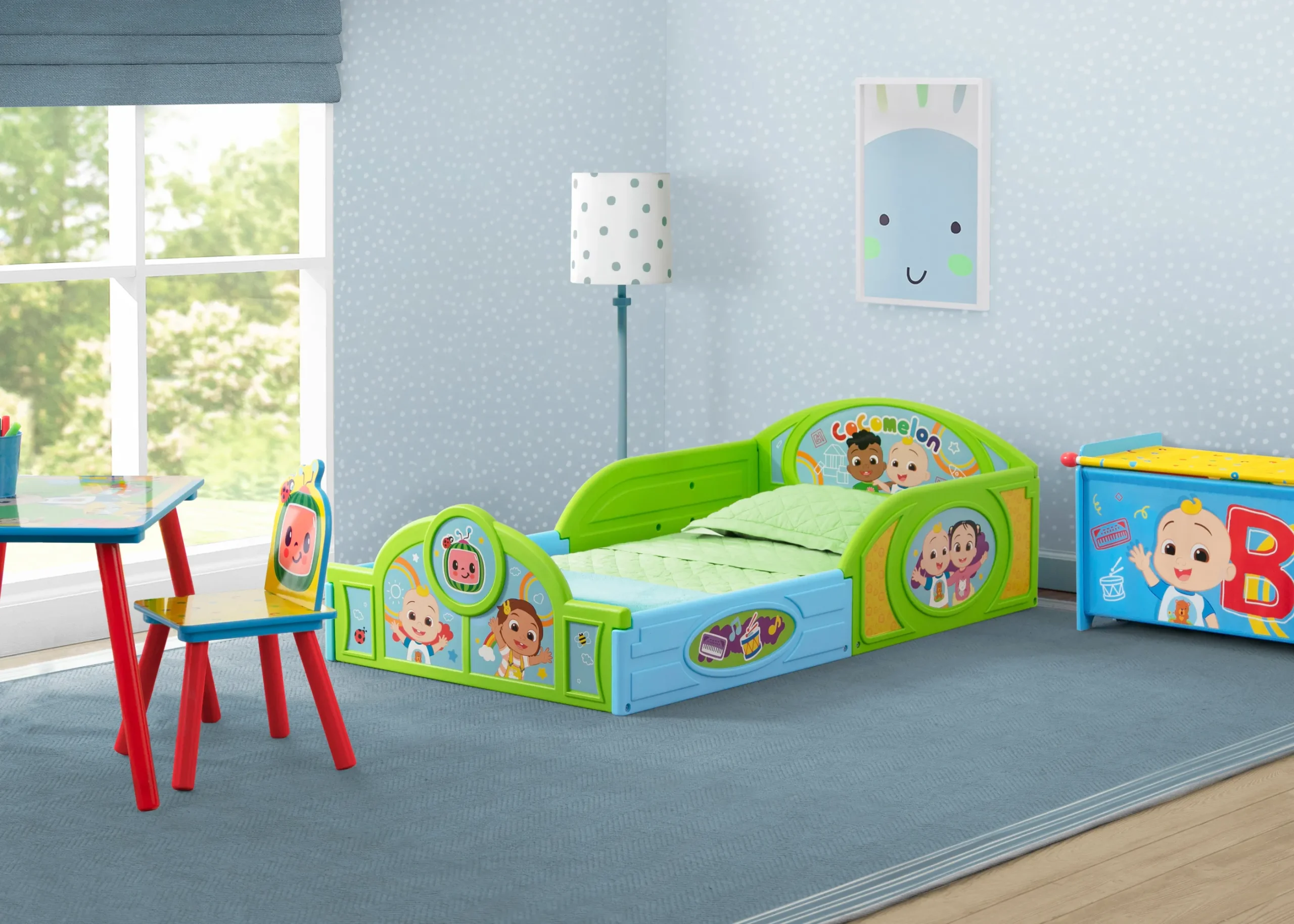 CoComelon 4-Piece Toddler Room-in-a-Box Set – Includes Sleep and Play Toddler Bed, Table, 1 Chair and Toy Box