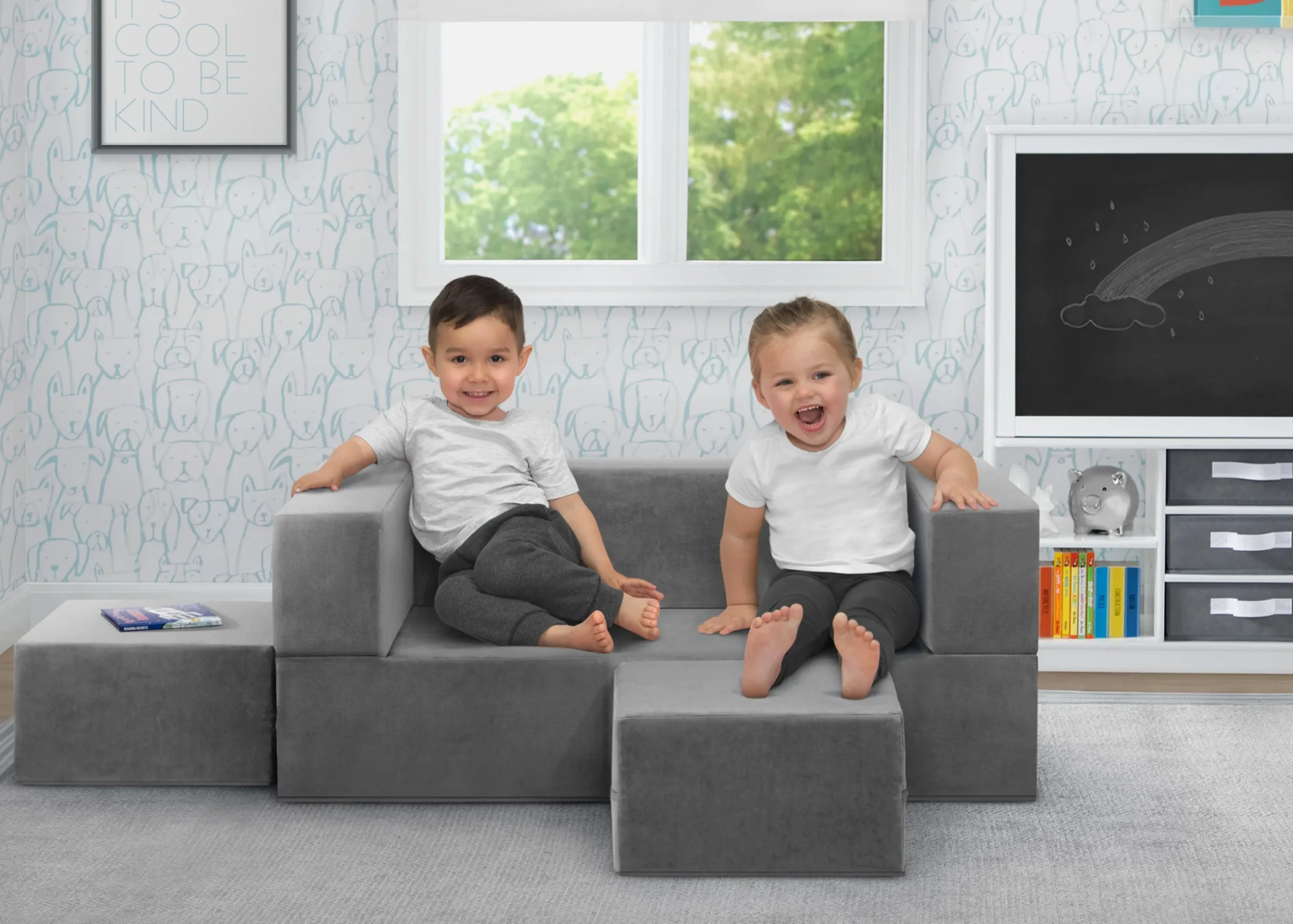 Convertible Sofa and Play Set for Kids and Toddlers Modular Foam Couch and Flip Out Lounger with 2 Ottomans
