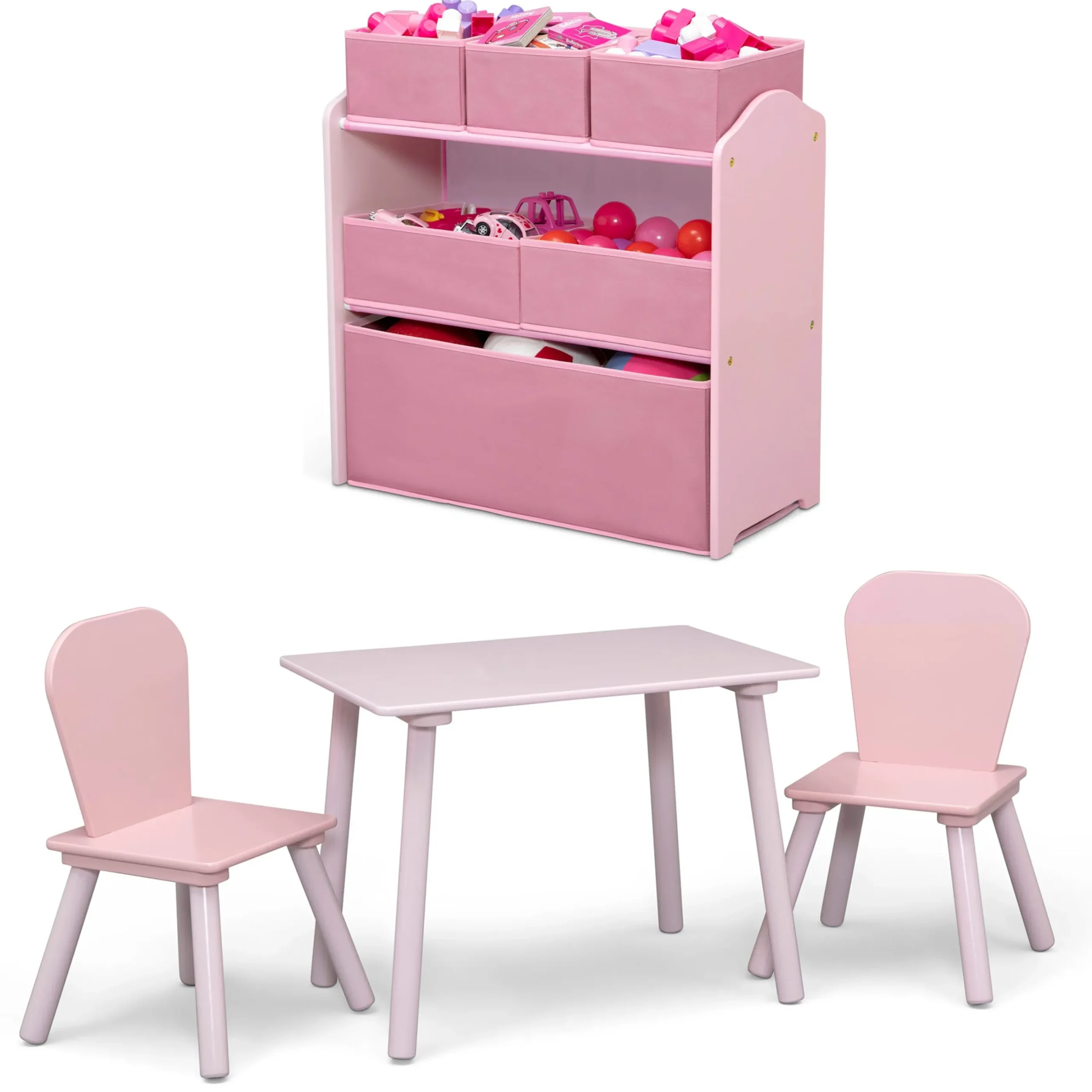 4-Piece Toddler Playroom Set – Includes Play Table with Dry Erase Tabletop and 6 Bin Toy Organizer with Reusable Vinyl Cling Stickers